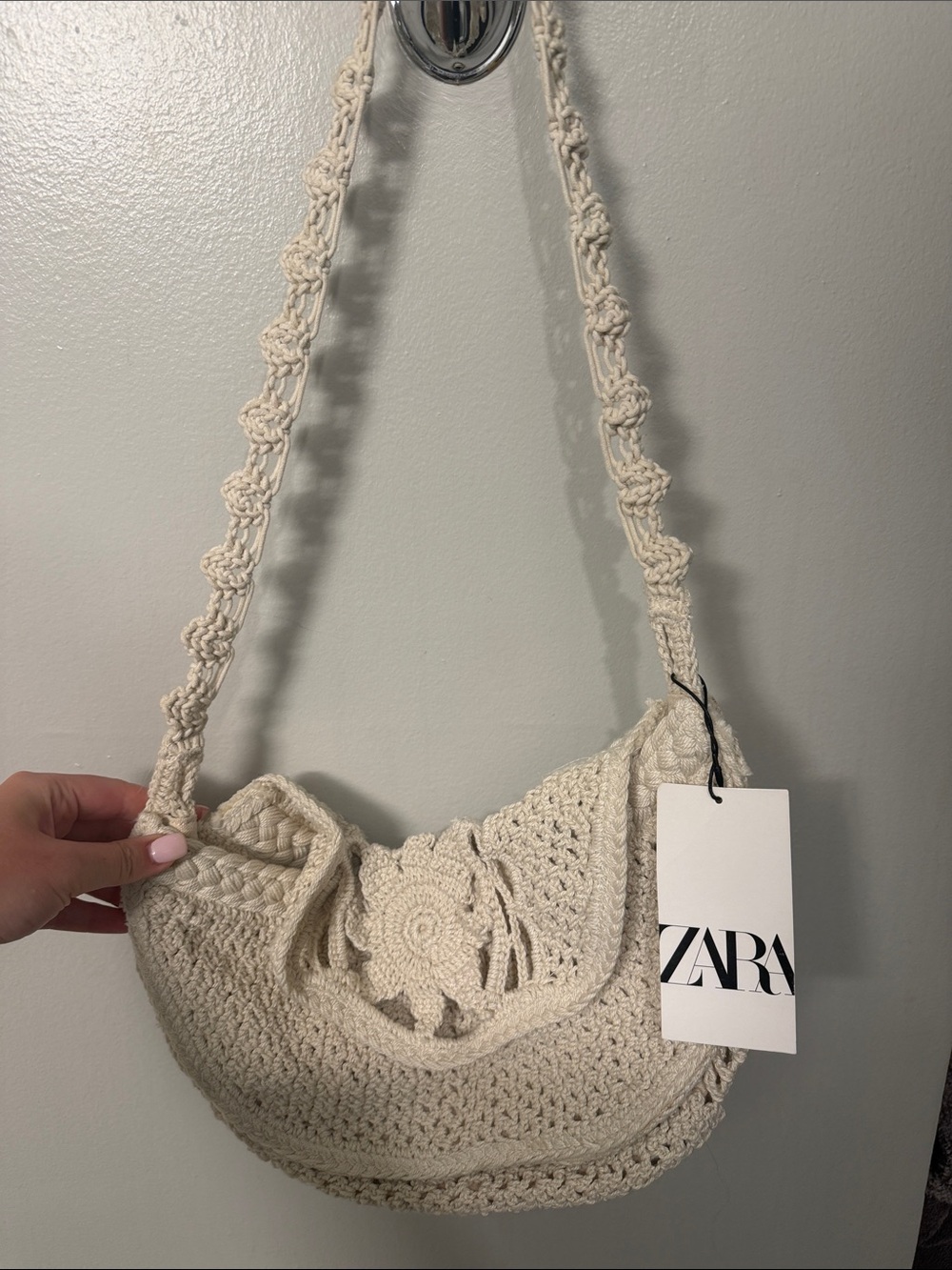 ZARA Cream Crochet Shoulder Bag with Braided Strap
